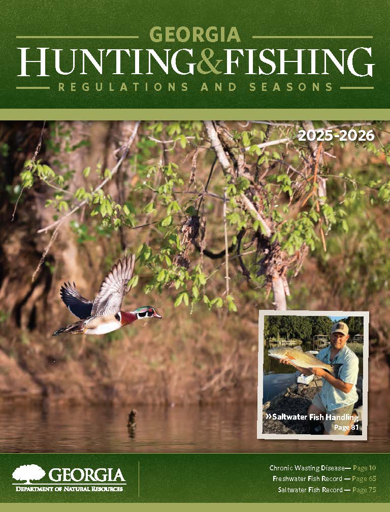 GA Hunting & Fishing Popular Guide Cover- A woodduck takes flight over a lake.